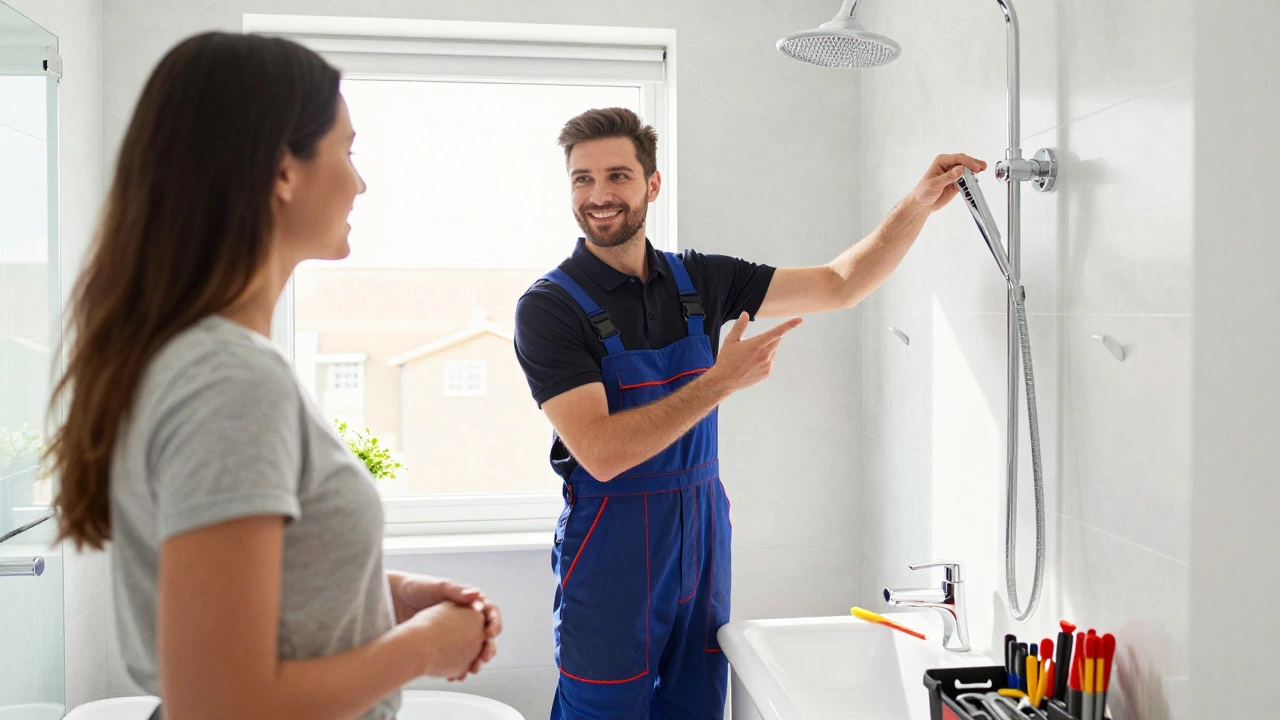 Smiling plumber explaining finished bathroom work to happy homeowner