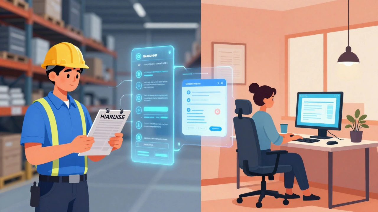 Split view showing a warehouse worker and a home office worker connected by digital safety data streams