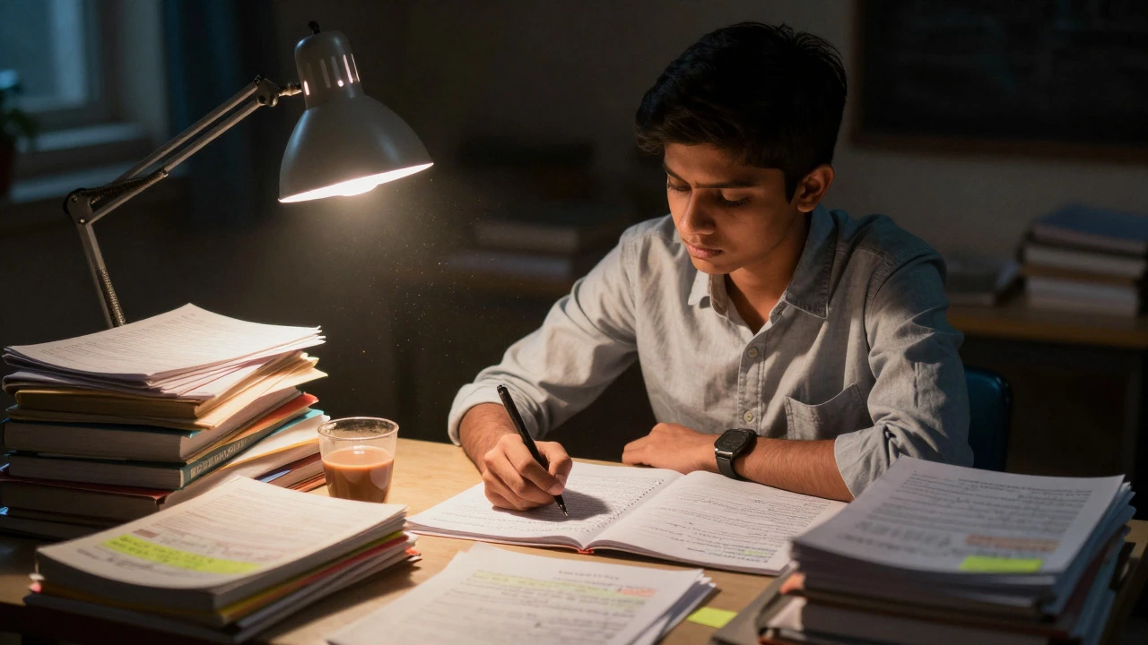 Student studying intensely for exams at a cluttered desk.