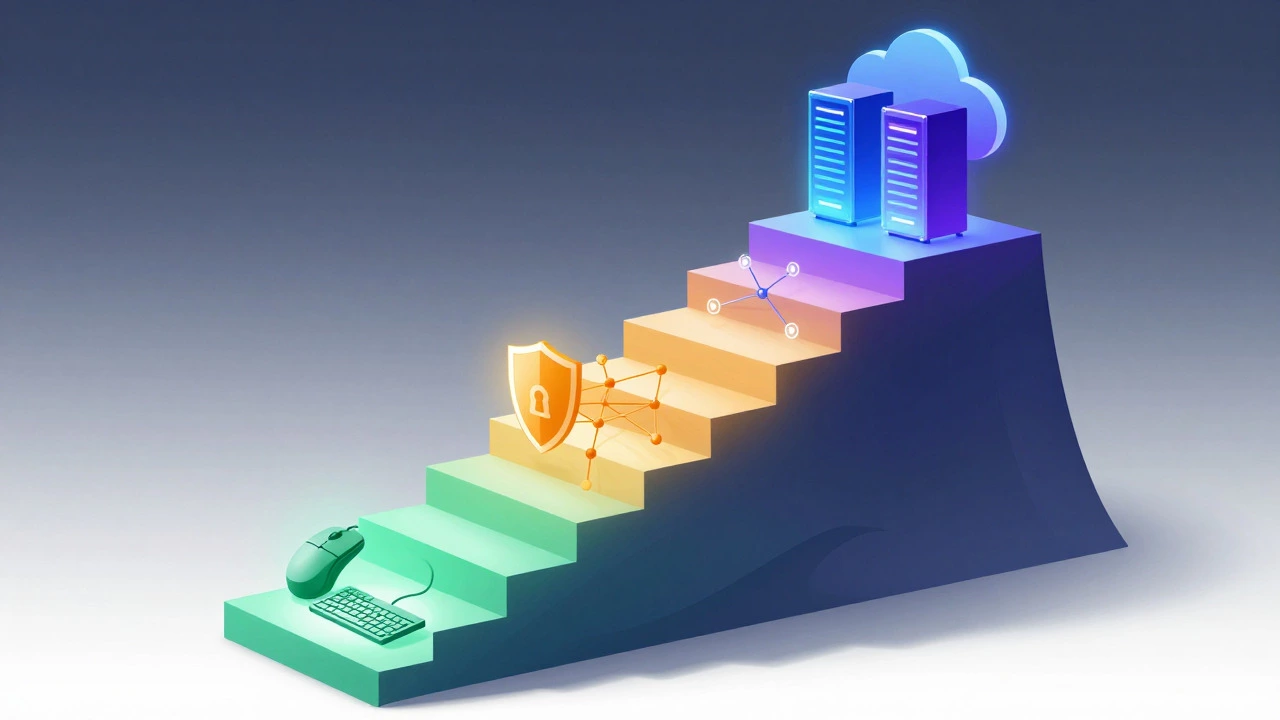 Stylized illustration of an ascending path representing three levels of IT certification difficulty