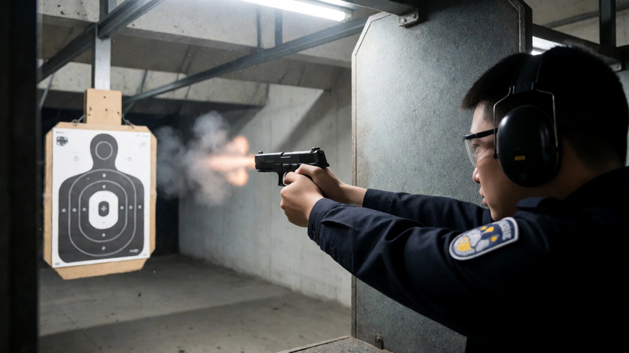 Trainee firing pistol at indoor shooting range