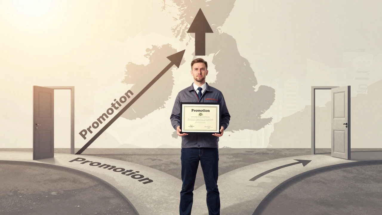 Worker holding certificate with symbolic paths for career progression
