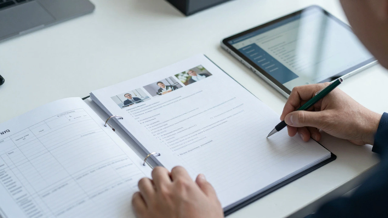 Worker organizing portfolio documents and using a tablet for assessment