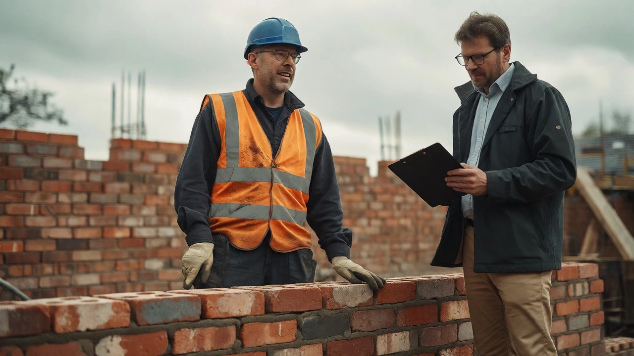 Bricklayer demonstrating skills to an assessor on a construction site