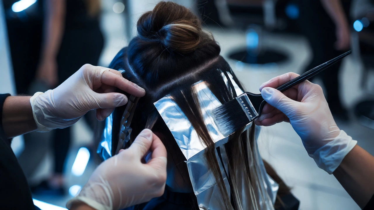 Close-up of hands applying hair color foils