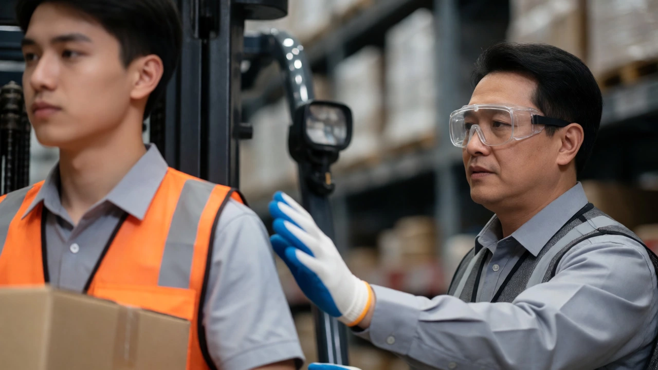 Colleagues discussing safety priorities in a warehouse aisle