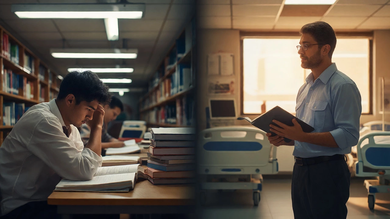 Contrast between stressed academic study and confident vocational work