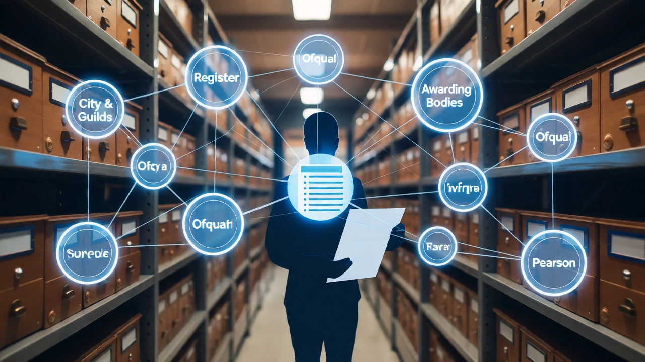 Digital network graphic illustrating qualification records over an archive