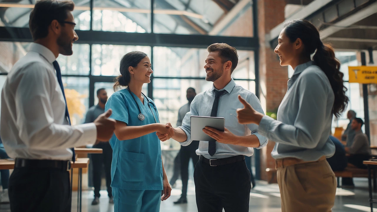 Diverse professionals in tech, health, and business sectors collaborating