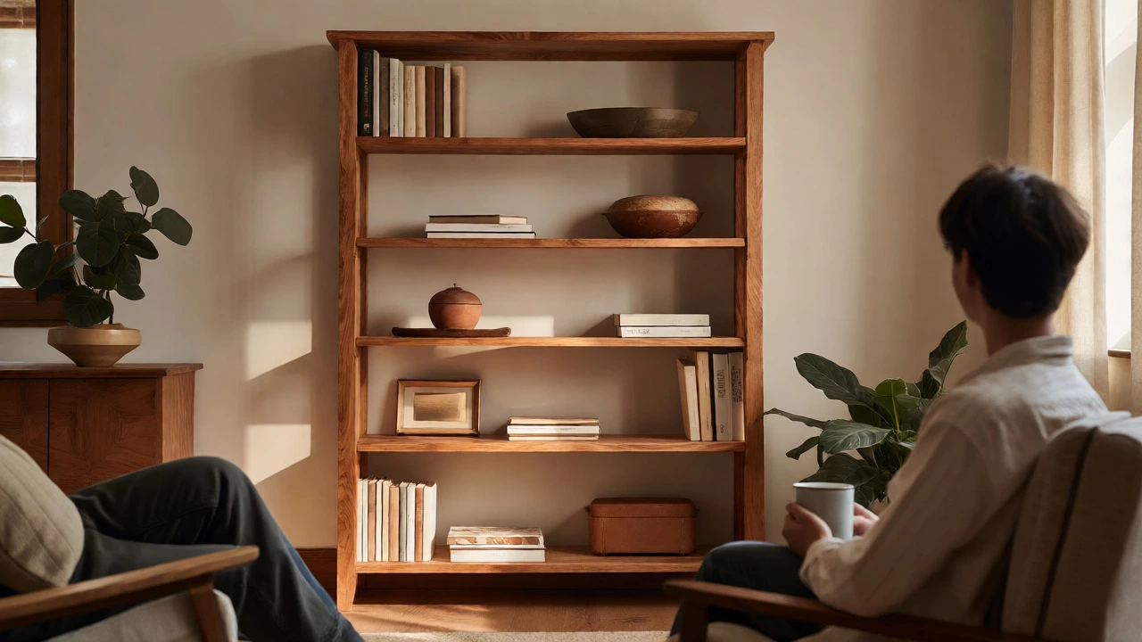 Finished handmade wooden bookshelf in a cozy living room setting.