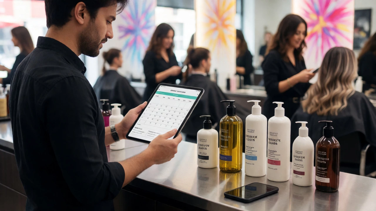 Hairdresser managing retail products and digital bookings