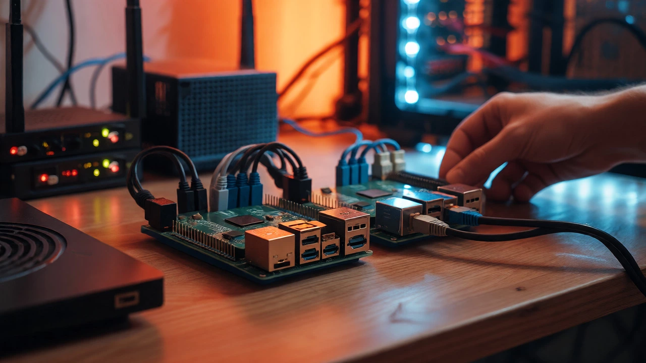 Home IT lab setup with Raspberry Pis and networking equipment on a desk