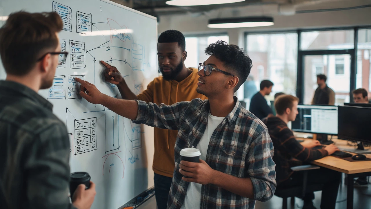 IT team collaborating on network solutions in a modern UK tech office