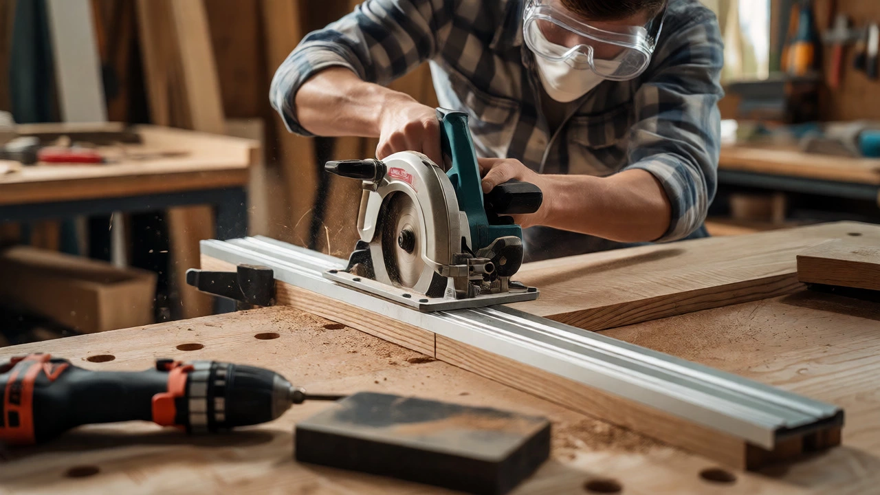 Person using a circular saw to make a precise cut on oak wood.