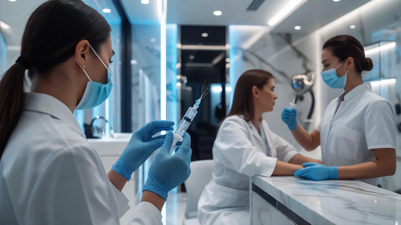 Practitioner administering dermal fillers in a sleek medical aesthetic clinic