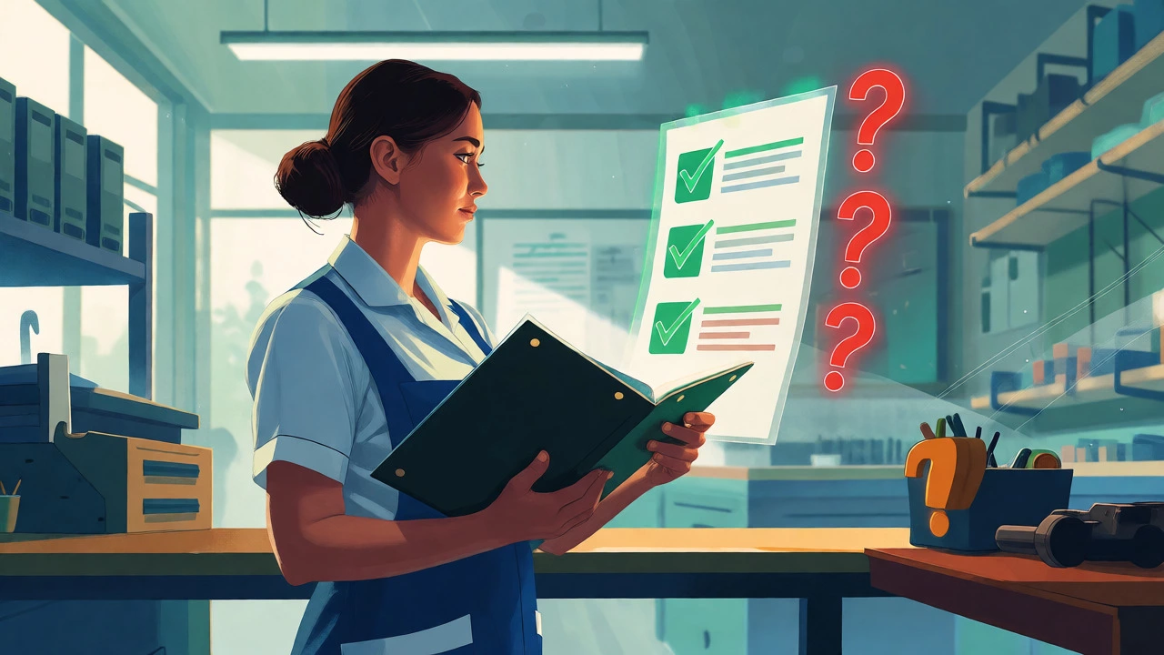 Professional assessing workplace competence against strict NVQ performance criteria.