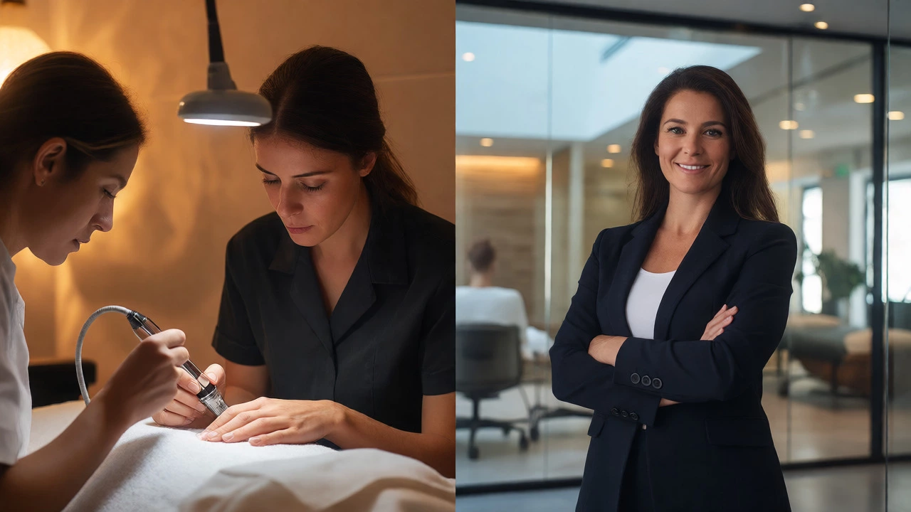 Split view showing beauty therapy practice and salon management roles