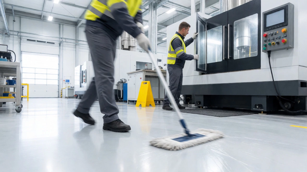 Workers actively cleaning spills and fixing guards in a factory