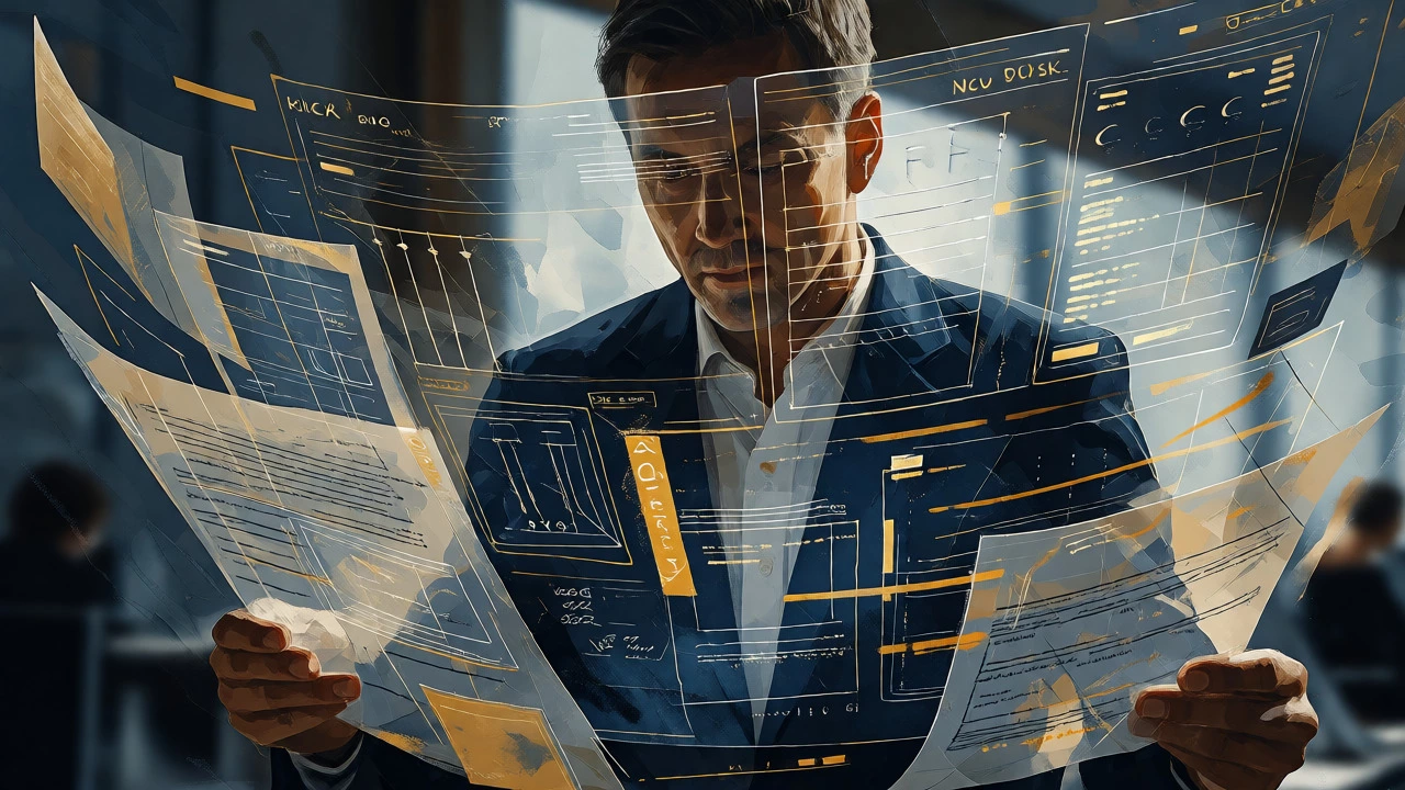 Abstract visualization of a leader surrounded by floating professional evidence.