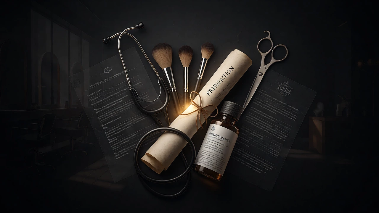 Artistic still life of beauty tools and certification symbols