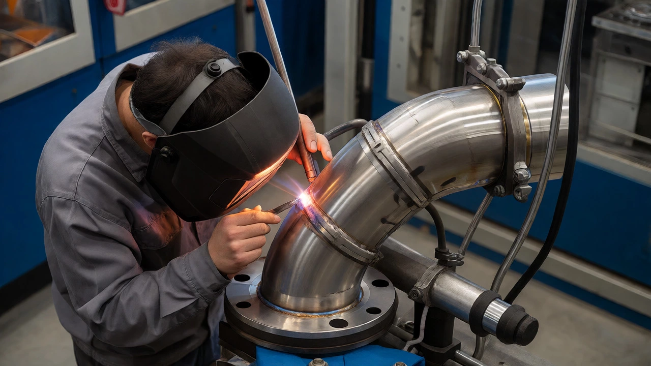 Close-up of 6G pipe welding test at 45-degree angle with focused arc light