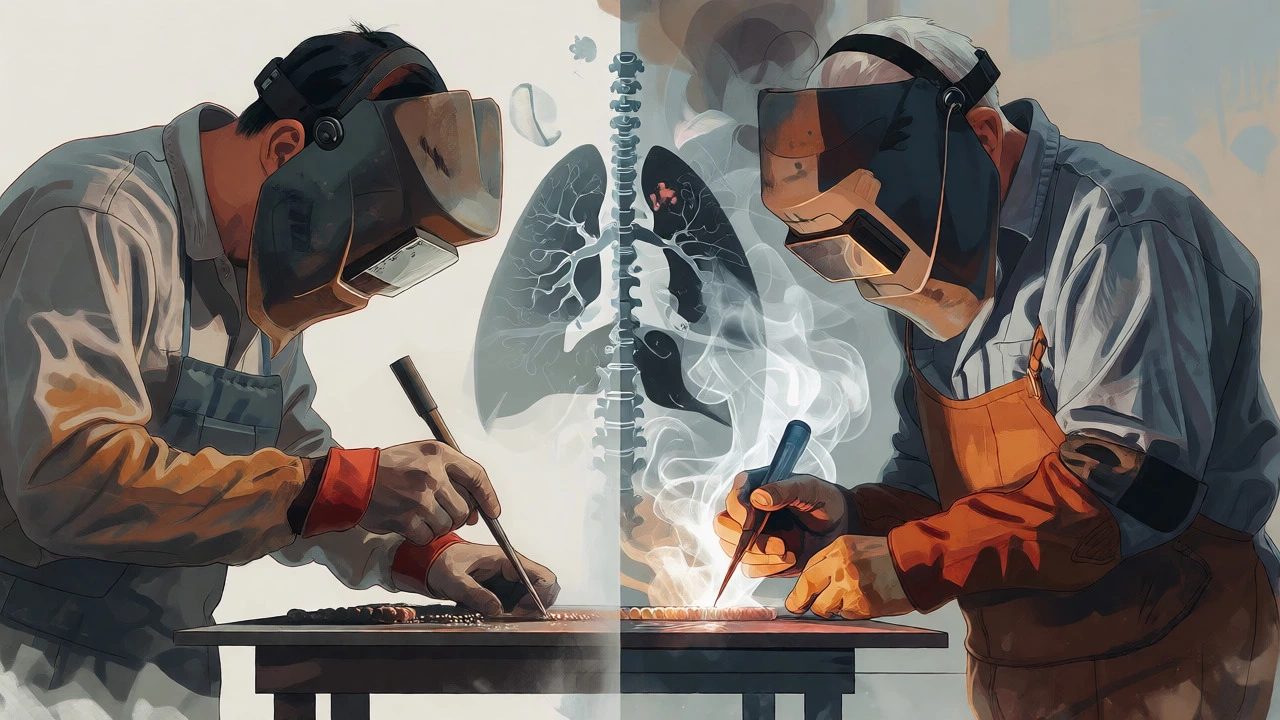 Conceptual art contrasting young apprentice and veteran welder health