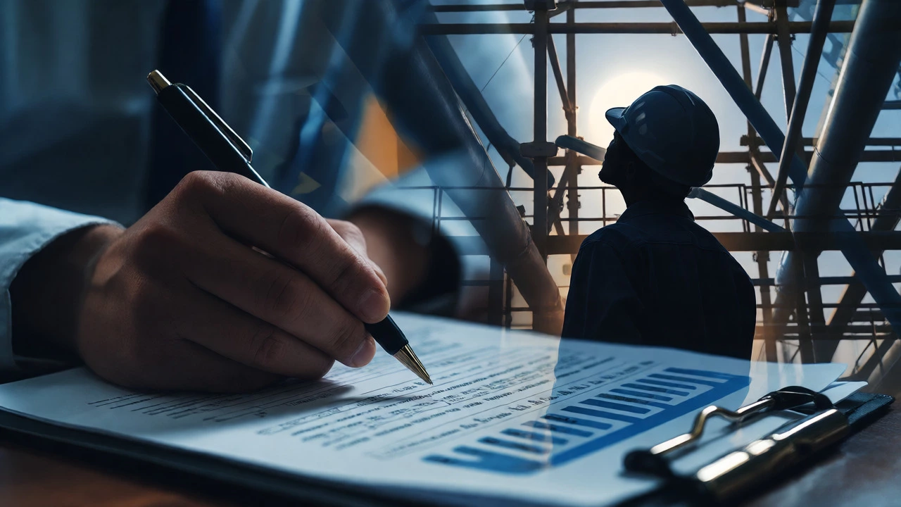 Conceptual blend of safety documentation and industrial worker