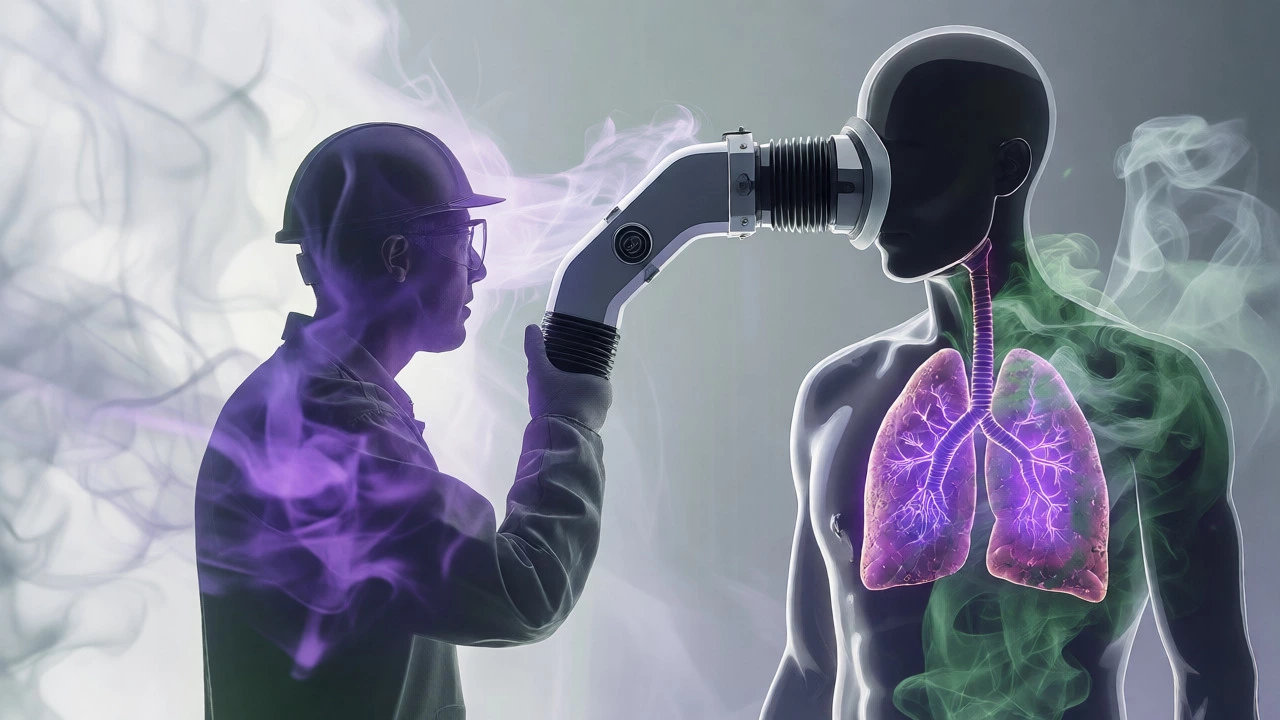 Conceptual view of lungs filtering metallic welding fumes via ventilation