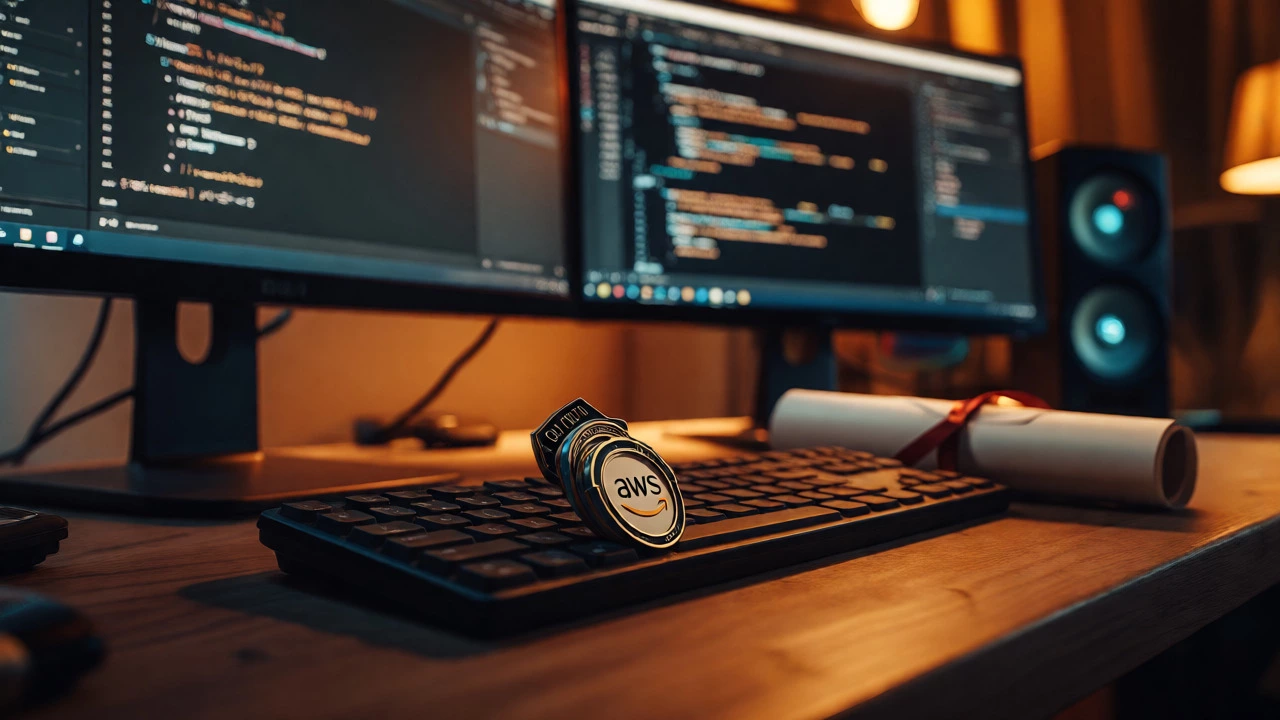 Desk with code screens and certification badges vs diploma