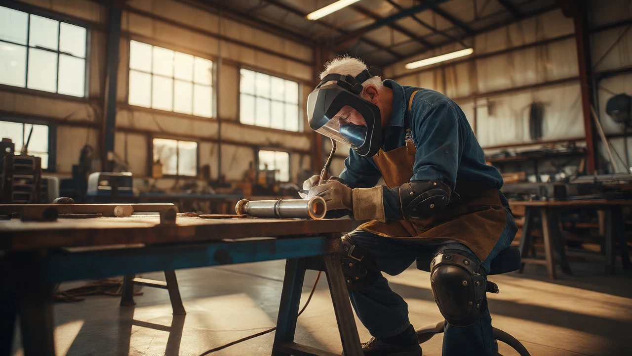 Experienced welder in full PPE working safely in a modern workshop