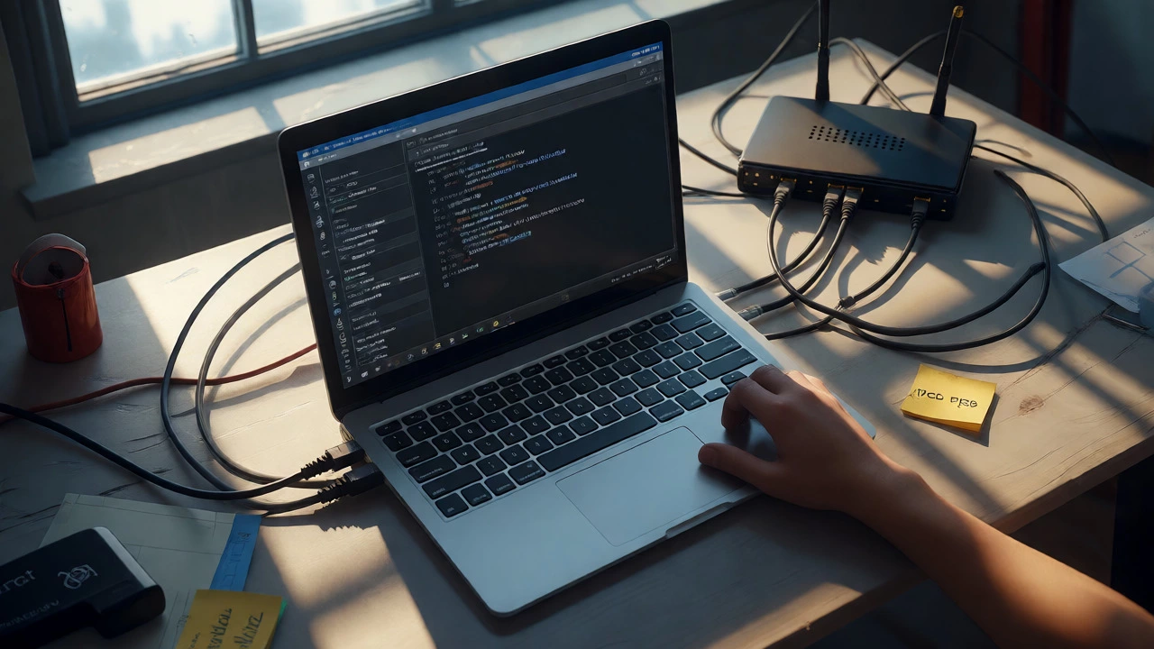 Hands typing on laptop running IT virtual machine lab with network gear