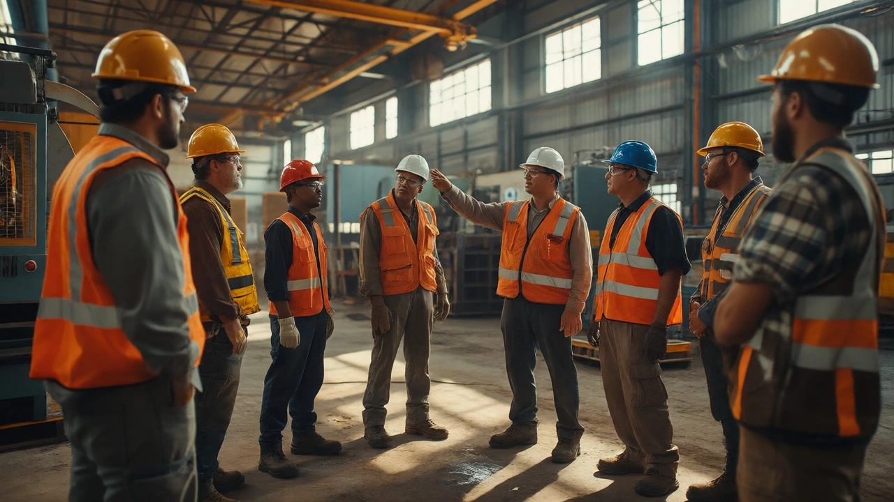 Safety manager conducting site inspection with workers