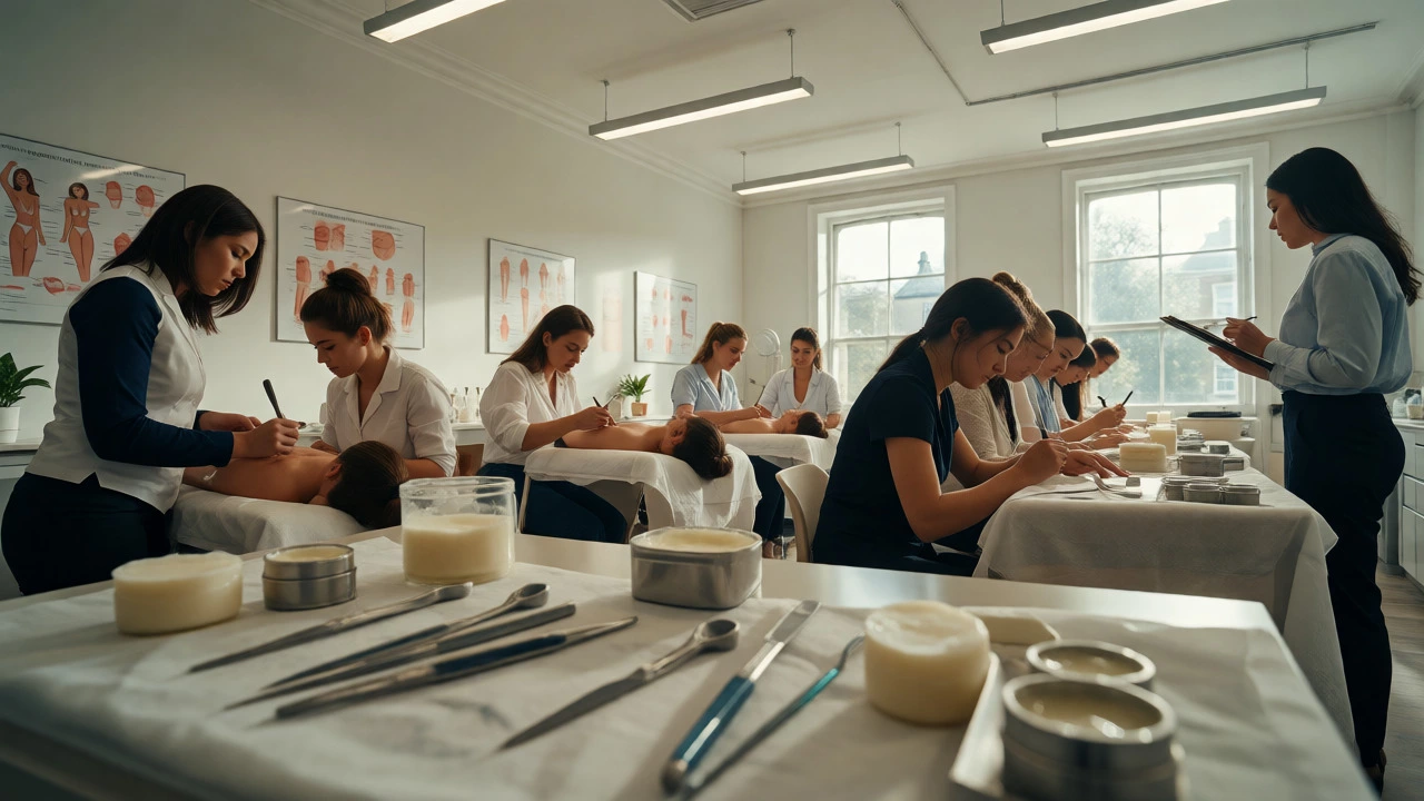 Students practicing waxing in a beauty academy class