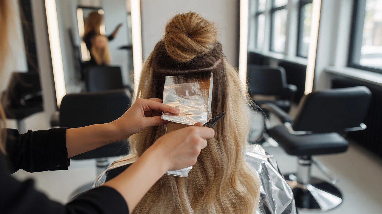 Stylist applying balayage foils to long hair in a modern salon