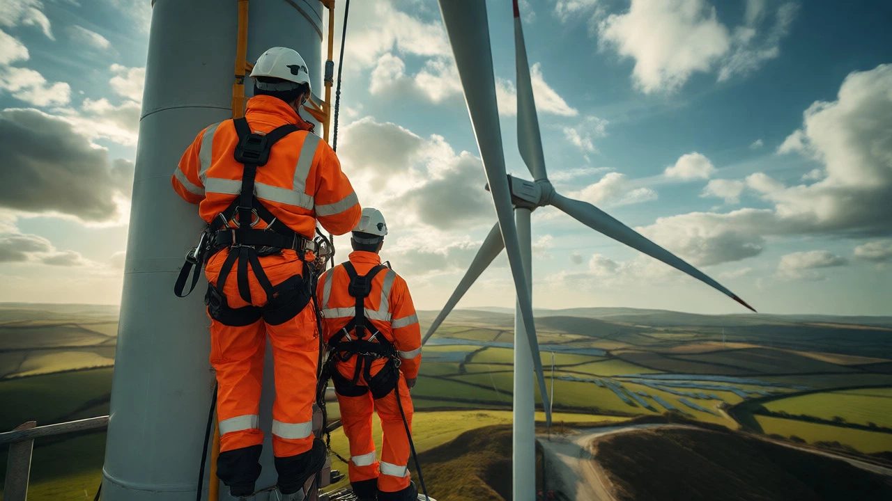 Technicians climbing wind turbine in UK countryside
