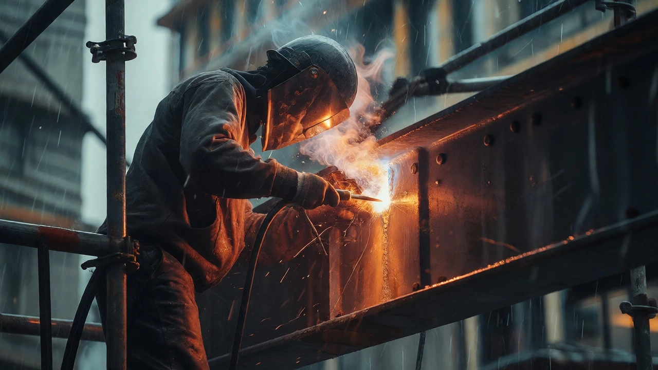Welder working outdoors in rain on high scaffolding structure
